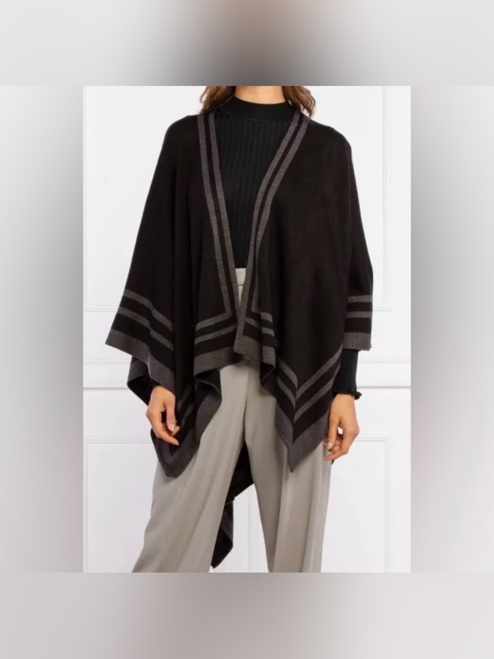 Lauren Ralph Lauren Black Gray Contract Stripe Ruins Cardigan Sweater Shawl